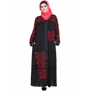 Front open embroidered Dubai abaya- Black